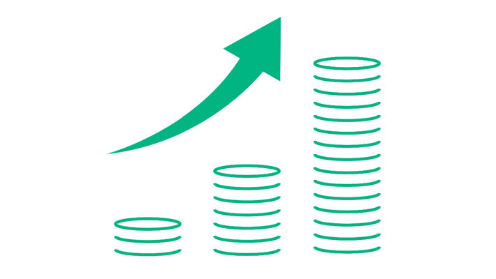 A money icon with an upward arrow, symbolizing financial growth
